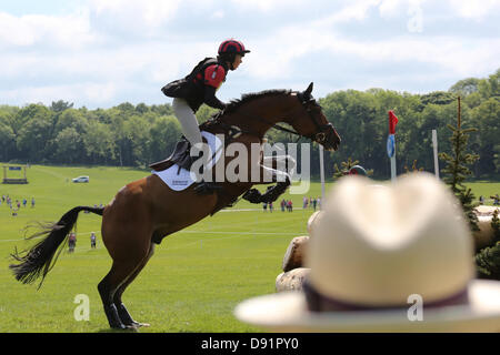 Leeds Bramham UK. 8th June 2013. A rider approaches the jump and appears to be jumping over a hat belonging to a spectator during the 40th Bramham horse trials. Credit: S D Schofield/Alamy Live News Stock Photo