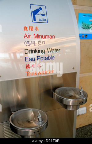 Singapore Changi International Airport,SIN,terminal,interior inside,water fountain,drink drinks drinking,hanzi characters,Chinese,Sing130206070 Stock Photo