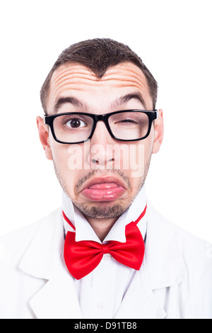 Close up of eccentric lab geek, isolated on white background Stock Photo