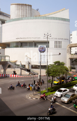 Bangkok Thailand,Thai,Pathum Wan,Rama 1 Road,Bangkok Art & Culture Centre,center,contemporary arts,museum,front,entrance,traffic,motorcycles,motor sco Stock Photo