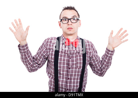 Portrait of shocked nerd man, isolated on white background Stock Photo