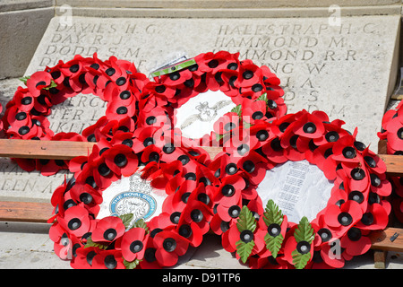 Poppy wreaths on war memorial, Bishop's Stortford, Hertfordshire, England, United Kingdom Stock Photo
