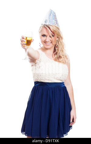 Happy woman proposing a toast with glass of champagne, isolated on white background Stock Photo