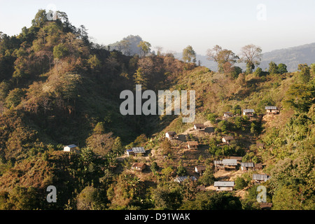 Bamboo houses in the tribal village,  Boga Lake, Chittagong Hill Tracts, Bangladesh Stock Photo