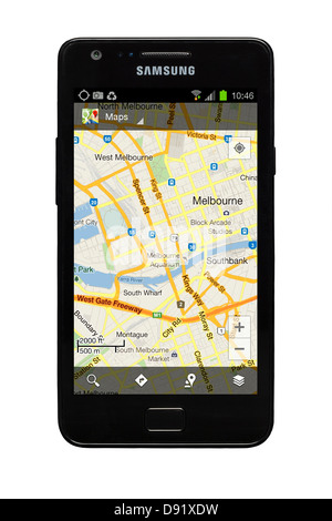 Samsung Galaxy S2 smartphone with Google map of Melbourne, Australia on display. Stock Photo