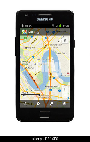 Samsung Galaxy S2 smartphone with Google map of Brisbane, Australia on display. Stock Photo