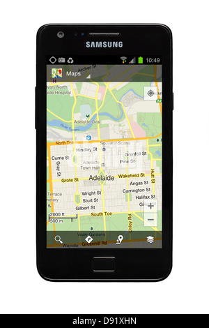 Samsung Galaxy S2 smartphone with Google map of Adelaide, Australia on display. Stock Photo