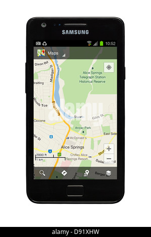 Samsung Galaxy S2 smartphone with Google map of Alice Springs, Australia on display. Stock Photo