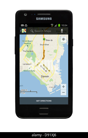 Samsung Galaxy S2 smartphone with Google map of Darwin, Australia on display. Stock Photo