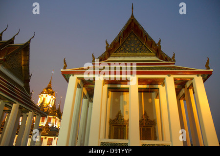 Bangkok Thailand,Thai,Phra Nakhon,Wat Ratchanatdaram,Buddhist temple,Loha Prasat,Maha Chetsadabodin Pavilion,Rattanakosin Hall,37 metal spires,dusk,ni Stock Photo