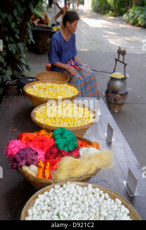 Bangkok Thailand,Thai,Pathum Wan,Jim Thompson House,museum,raw silk,cocoon,white,yellow,Asian woman female women,boiling,Thai130214009 Stock Photo