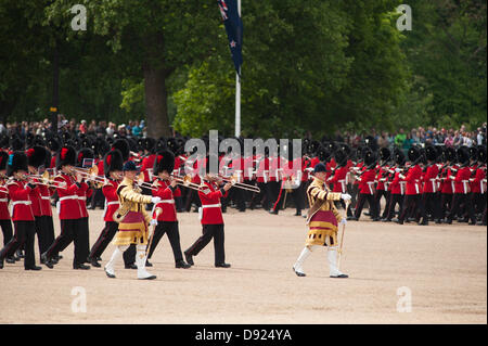 Westminster, London, UK. 8th June, 2013. The Colour of the 1st Battalion Welsh Guards is trooped in the presence of HRH The Prince of Wales. There are more than 200 horses on parade, and more than 400 musicians from all the Household Division Bands & Corps of Drums. Credit:  Malcolm Park/Alamy Live News Stock Photo