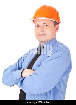 manager in the blue shirt and helmet , figure isolated on a white background with a clipping paths Stock Photo