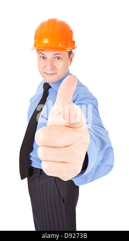 man in a helmet shows the gesture Stock Photo