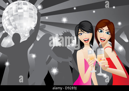 Two women smiling with beverage glasses in a night club EPS10 Stock Photo