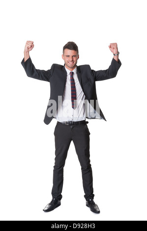 Successful young businessman, gestures, full length, isolated on white Stock Photo