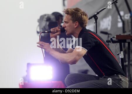 Singer of the band Kraftklub, Felix Brummer, performs on the main stage of music festival 'Rock am Ring' at Nuerburgring in Nuerburg, Germany, 09 June 2013. The popular music festival at the motor race track had been sold out for a long time. Photo: THOMAS FREY Stock Photo