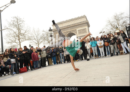 Break dancer entertaining crowd on the street Paris France. Picture by Sam Bagnall Stock Photo