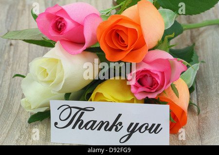 Thank you note and colorful bouquet of roses Stock Photo - Alamy