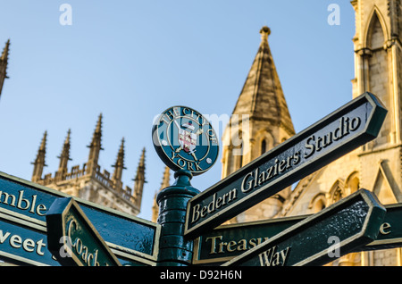 Directional signpost outside York Minster. York, North Yorkshire, England. Stock Photo