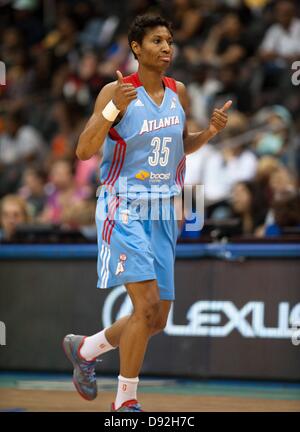 June 9, 2013 - Newark, New Jersey, U.S. - June 9 2013: Dream's guard/forward Angel McCoughtry (35) reacts after shooting a three pointer in the second half during WNBA action at the Prudential Center in Newark, New Jersey between the New York Liberty and the Atlanta Dream. The New York Liberty defeated the Atlanta Dream 76-67. Stock Photo