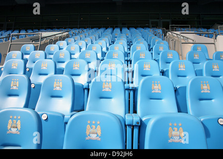 Etihad (formerly the City of Manchester) Stadium, home of Manchester City FC with old crest displayed Stock Photo