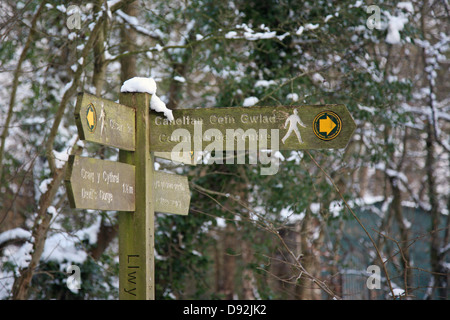 Snow capped sign post at Loggerheads Country Park, Denbighshire, North Wales Stock Photo