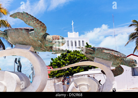 Low Angle Close Up View of the La Tortuga Sculpture, Isla Mujeres, Quintana Roo, Mexico Stock Photo