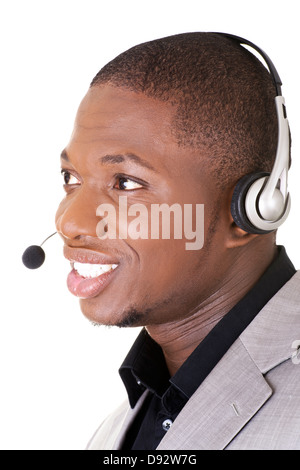 Support phone operator in headset isoalted on white. Stock Photo