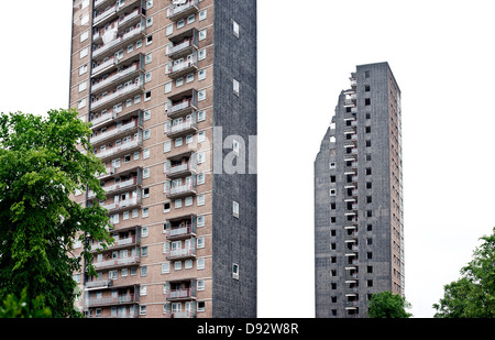 High rise council flats mid-way through demolition in Scotland, Glasgow Stock Photo
