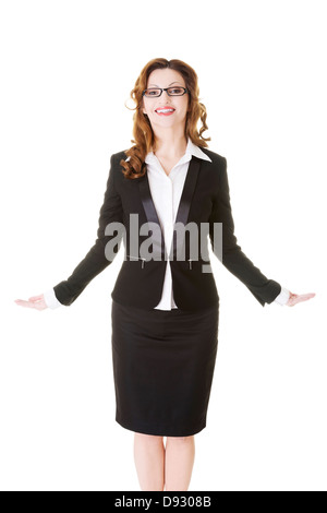 Happy business woman showing copy space on her palm, isolated on white ...