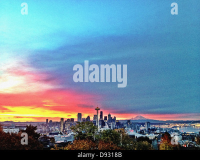 City skyline against colorful sky, Seattle, Washington, United States