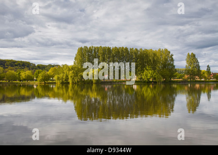 Trees reflecting in the river Dordogne. Stock Photo