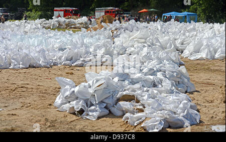 Sodiers of the Bundeswehr and volunteer helpers fill and load sandbags to protect areas from floodwater in Doemitz, Germany, 10 June 2013. Residents of the city fight against high water. Photo: AXEL HEIMKEN Stock Photo