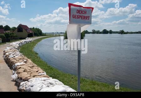 Havelber, Germany. 10th June, 2013. A dike has been fortified with a wall of sandbags to protect against flooding by the Elbe in Sandau near Havelber, Germany, 10 June 2013. Photo: PATRICK PLEUL/dpa/Alamy Live News Stock Photo
