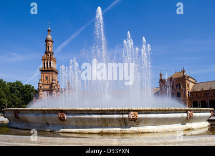 Vicente Traver Fountain and Tower of the Plaza de Espana in Seville, Andalucia, Spain Stock Photo