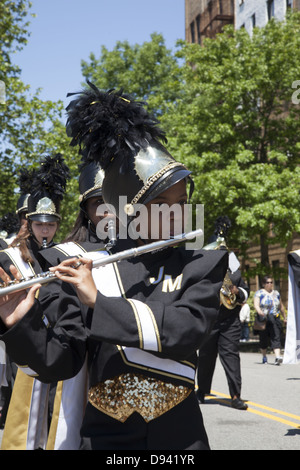 Flutist in a school marching band in the Memorial Day Parade, Bay Ridge, Brooklyn, New York. Stock Photo