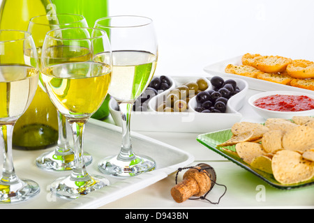 Food and wine on a celebration buffet table, copy space. Stock Photo