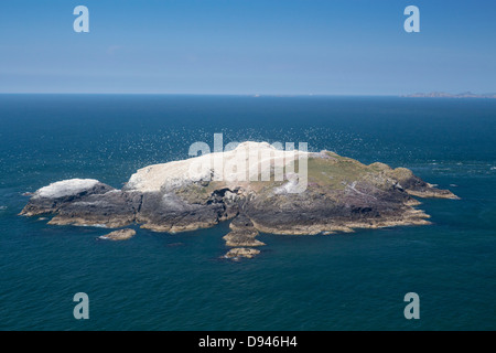 Aerial view of Grassholm islandthe third largest gannet colony in the world off the coast of Pembrokeshire Wales UK Stock Photo