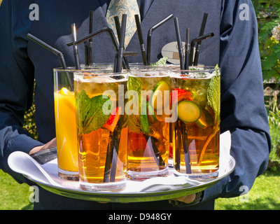 ALFRESCO PIMMS HOTEL GLASSES Waiter drinks service and summer Pimm’s mint fruit cup drinks tray on alfresco luxury hotel garden terrace alfresco event Stock Photo