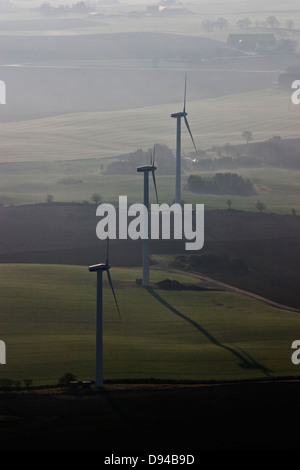 Wind turbines in agricultural district, Skane, Sweden. Stock Photo