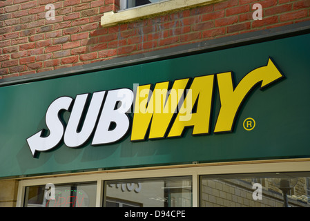 'Subway' fast food restaurant sign, Burgess Square, Brackley, Northamptonshire, England, United Kingdom Stock Photo