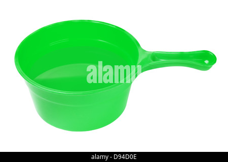 Green Plastic Scoop Filled with Water On White Background Stock Photo