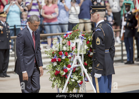 US President Barack Obama during the Memorial Day wreath laying ceremony at the Tomb of the Unknown Soldier May 27, 2013 at Arlington National Cemetery, VA. Stock Photo