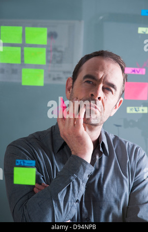 Businessman Looking at Self Adhesive Notes on Glass Board in Studio