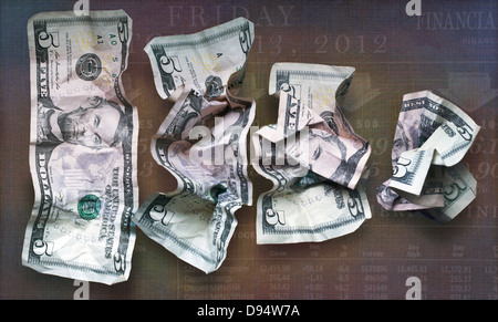 Multiple Image View of American Five Dollar Bill being Crumpled with Financial Report Background Stock Photo
