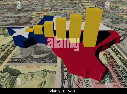 Graph on Texas map flag with dollars illustration Stock Photo