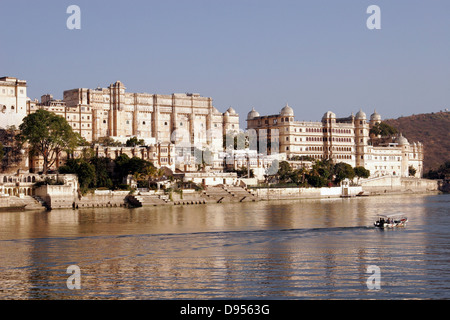 A view of Udaipur City Palace from Lake Pichola, Udaipur, Rajasthan, India Stock Photo