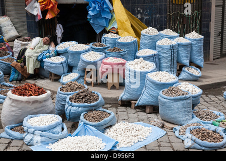 Different types of potatoes on display, Rodriguez market, La Paz, Bolivia Stock Photo