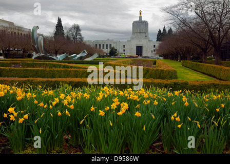 Daffodils on Oregon State Capitol Mall near Sprague Fountain and  Capitol Legislative building with Golden Pioneer in Salem. Stock Photo
